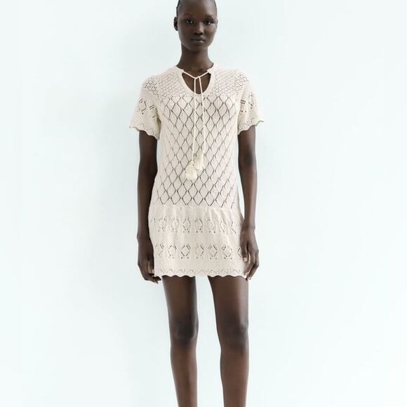 Zara Pointelle Knit Dress Cream M NWT - Picture 1 of 11